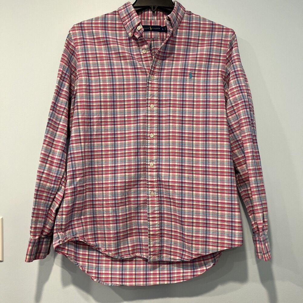 Ralph Lauren button down shirt Mens L pink blue plaid long sleeve
